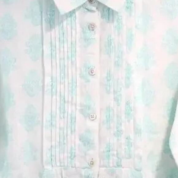 J. Jill Teal Linen Patterned Button Down Beach Coastal Pleated Shirt Medium - Picture 2 of 8